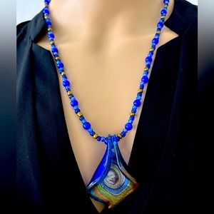 Handmade Blue Glass Beaded Necklace with Murano Glass Pendant